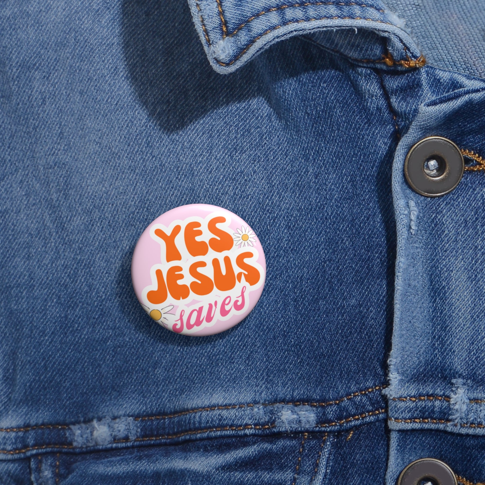 Yes Jesus Saves Pin Button — Christian Faith Lapel Pin, Floral Retro Design